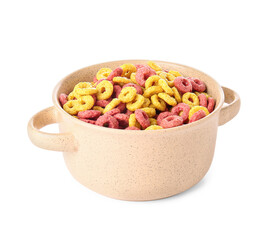 Pot with tasty cornflakes on white background