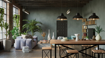 Industrial style of living room, loft style, 3d render 