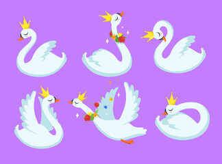 Cute swan or goose princess vector illustrations set. Cartoon white bird wearing golden crown and floral decoration isolated on purple background. Spring, fairytale, wedding, ballet concept