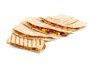Tasty vegetarian quesadillas on white background