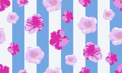 Floral seamless pattern with hibiscus fantasy flowers on strips background. Vector illustration.