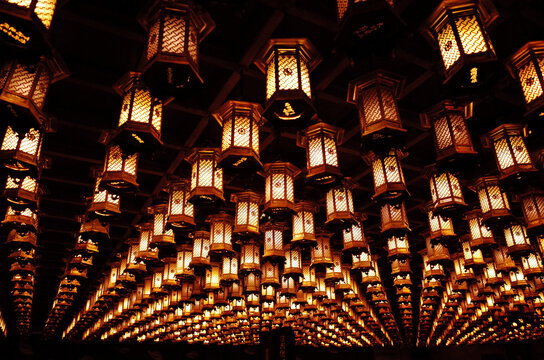 Closeup shot of lanterns hanging on Daishoin Hatsukaichi, Japan