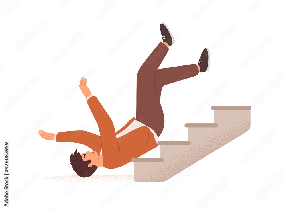 Poster person falling down from career ladder. fall of young man from stairs. failure, fiasco, problem and 