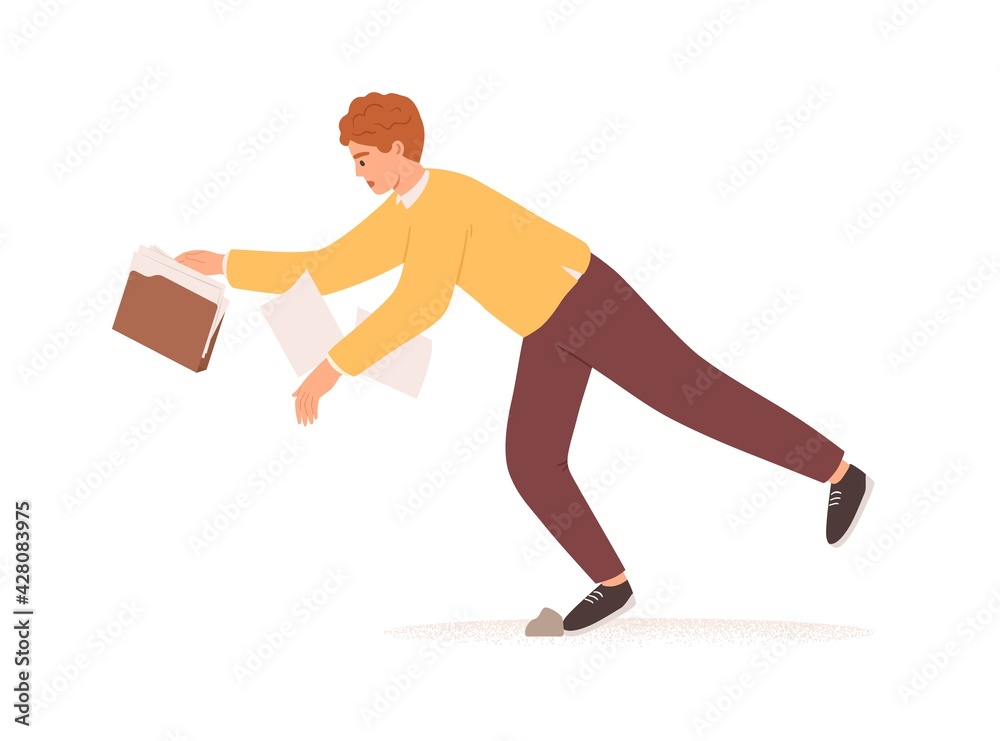 Poster person falling down. fall of young man with business documents and papers. career failure, fiasco, p