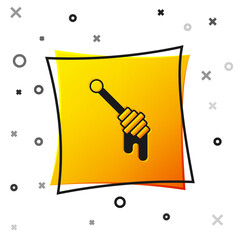 Black Honey dipper stick icon isolated on white background. Honey ladle. Yellow square button. Vector