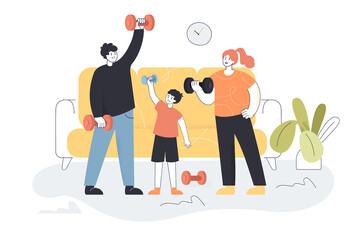 Family doing exercises at home. Father, mother and son training in living room flat vector illustration. Home fitness, workout, healthy lifestyle concept for banner, website design or landing web page