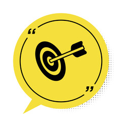 Black Target financial goal concept icon isolated on white background. Symbolic goals achievement, success. Yellow speech bubble symbol. Vector