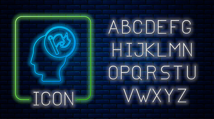 Glowing neon Hand holding flag icon isolated on brick wall background. Victory, winning and conquer adversity concept. Neon light alphabet. Vector