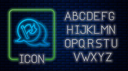 Glowing neon Flag icon isolated on brick wall background. Victory, winning and conquer adversity concept. Neon light alphabet. Vector