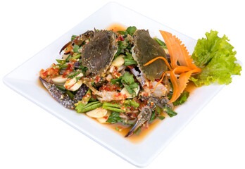 Spicy crab papaya salad, Sea Crab Somtum Salad, Thai food on white plate with white background.