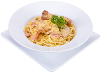 Carbonara pasta. Spaghetti with pancetta, egg, parmesan cheese and cream sauce. Traditional Italian cuisine. Top view.