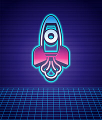 Retro style Rocket ship icon isolated futuristic landscape background. Space travel. 80s fashion party. Vector