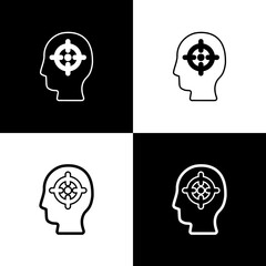 Set Head hunting icon isolated on black and white background. Business target or Employment sign. Human resource and recruitment for business. Vector
