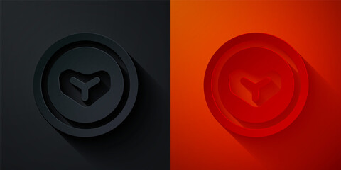 Paper cut Steak meat on a plate icon isolated on black and red background. Cutlery symbol. Restaurant sign. Paper art style. Vector