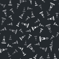 Grey Burning candle icon isolated seamless pattern on black background. Cylindrical candle stick with burning flame. Vector