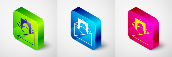 Isometric Envelope with coin dollar symbol icon isolated on grey background. Salary increase, money payroll, compensation income. Square button. Vector