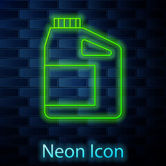 Glowing neon line Canister for motor machine oil icon isolated on brick wall background. Oil gallon. Oil change service and repair. Engine oil sign. Vector