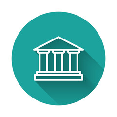 White line Museum building icon isolated with long shadow background. Green circle button. Vector