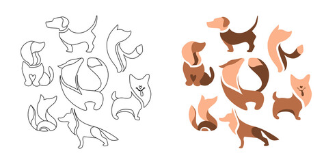 Stylized black and white and colored dogs. Black lines, contour style. Illustration can be used for coloring books.