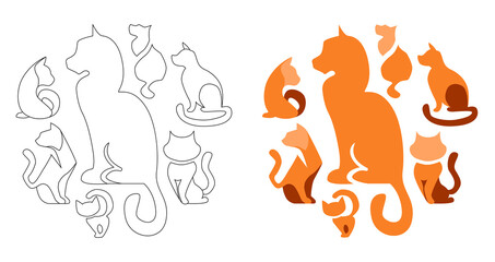 Fototapeta premium Stylized black and white and colored cats. Black lines, contour style. Illustration can be used for coloring books.