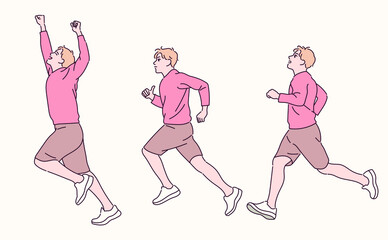 Three-step poses for men who run. hand drawn style vector design illustrations. 