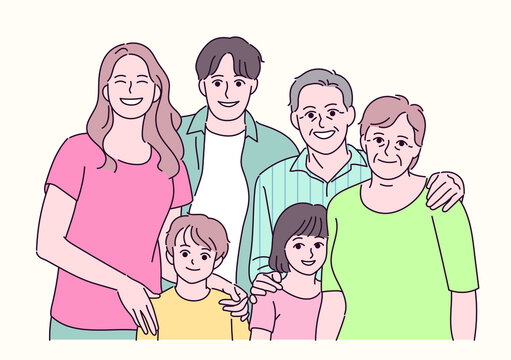 Happy family picture. hand drawn style vector design illustrations. 