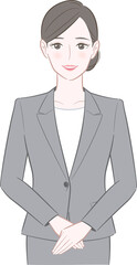 両手を前で重ねるグレーのスーツを着た女性のイラスト