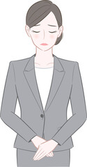 謝罪をするグレーのスーツを着た女性のイラスト