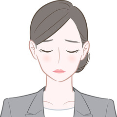 謝罪をするグレーのスーツを着た女性のイラスト