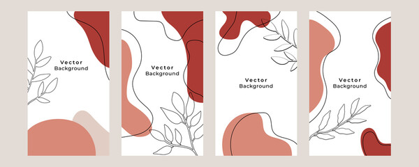 Social media stories and post creative Vector set. Background template with copy space for text and images design by abstract colored shapes, line arts , Tropical leaves warm color of the earth tone