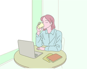 A woman is sitting with a laptop in a cafe and drinking coffee. hand drawn style vector design illustrations. 