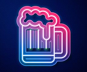 Glowing neon line Wooden beer mug icon isolated on blue background. Vector