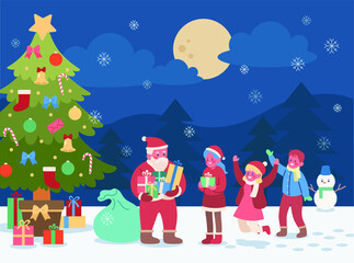 On a snowy day, under the big Christmas tree, Santa is handing out presents to the children. hand drawn style vector design illustrations. 