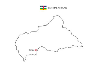 Hand draw thin black line vector of Central African Map with capital city Bangui on white background.