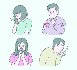 People with colds are coughing and sneezing. hand drawn style vector design illustrations. 