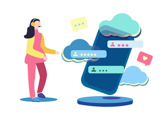 Client's Review, Customer Feedback, User's Comment or Satisfaction Level. Online support and evaluation stars ranking. Flat outline vector icon, concept for Website, Mobile, Apps.