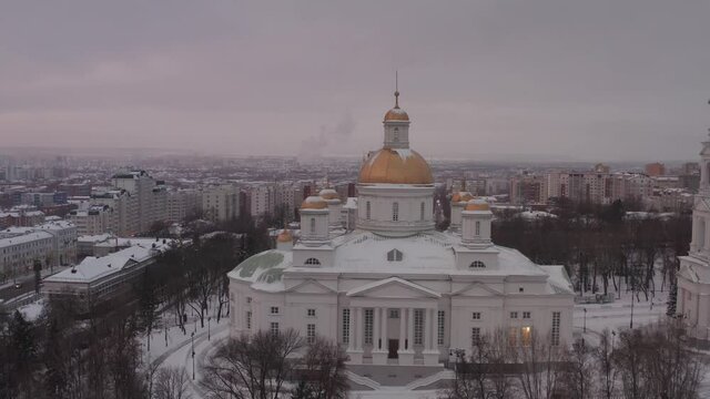 Church in Rossi filmed from a quadcopter at night. Contemporary cathedral in Russia at night. Cathedral in Penza in the early morning. Cathedral in Penza early in the morning at dawn.