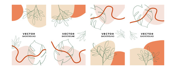 Abstract organic vector banner template with wave background in brown beige green pink white. Minimal background in boho style with copy space for text. Suit for social media post template and story. 