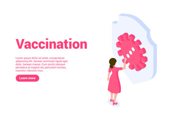 Girl is standing in front of a shield with the sign of the virus. The concept of protection against viruses, flu by vaccination. Landing page or web banner template. Isometric vector illustration