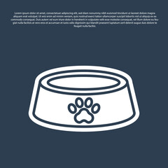 Blue line Pet food bowl for cat or dog icon isolated on blue background. Dog or cat paw print. Vector