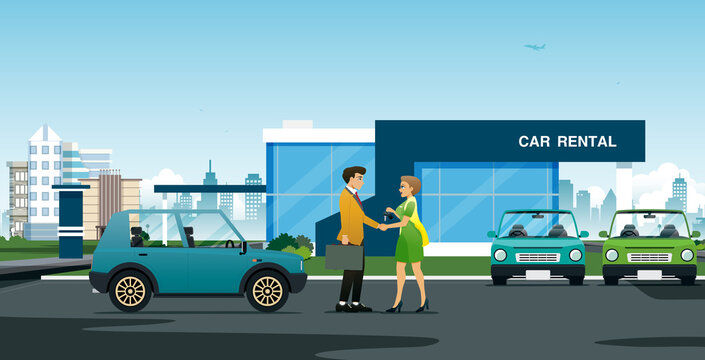 A woman salesman shakes hands to congratulate businessmen who have rented a car.