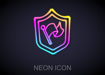 Glowing neon line Shield with flag icon isolated on black background. Victory, winning and conquer adversity concept. Vector