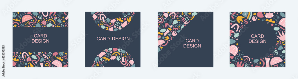 Poster scandinavian cards set , flyer template with hand drawn abstract shapes on dark blue background. tre