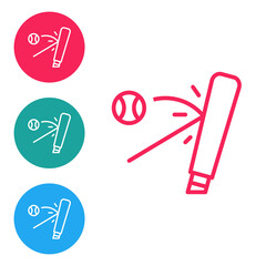 Red line Baseball bat with ball icon isolated on white background. Set icons in circle buttons. Vector