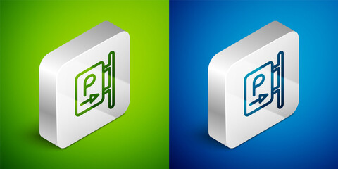 Isometric line Parking icon isolated on green and blue background. Street road sign. Silver square button. Vector