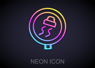 Glowing neon line Slippery road traffic warning icon isolated on black background. Traffic rules and safe driving. Vector