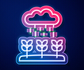 Glowing neon line Plant sprouts grow in the rain icon isolated on blue background. Seedling concept. Vector