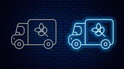 Glowing neon line Flour truck icon isolated on brick wall background. Vector