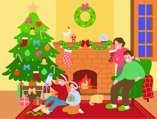 Christmas families are sitting in front of the fireplace and children unpacking presents.  hand drawn style vector design illustrations. 