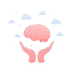 Human organ collection. Vector flat modern anatomical icon color illustration. Human hands hold brain isolated on sky white background. Health care neurology and mind medical sign. Design element.